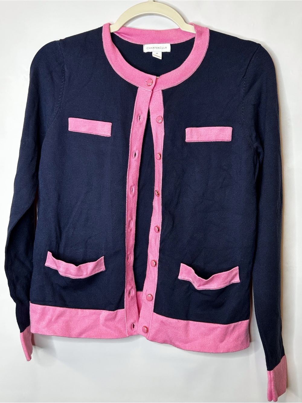 Charter Club Navy and Pink Trim Button-Front Cardigan